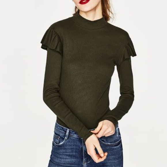 Black Zara Ribbed Ruffle Top - Picture 3 of 5